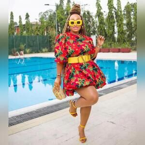 Lantern Sleeve Tropical Print Dress